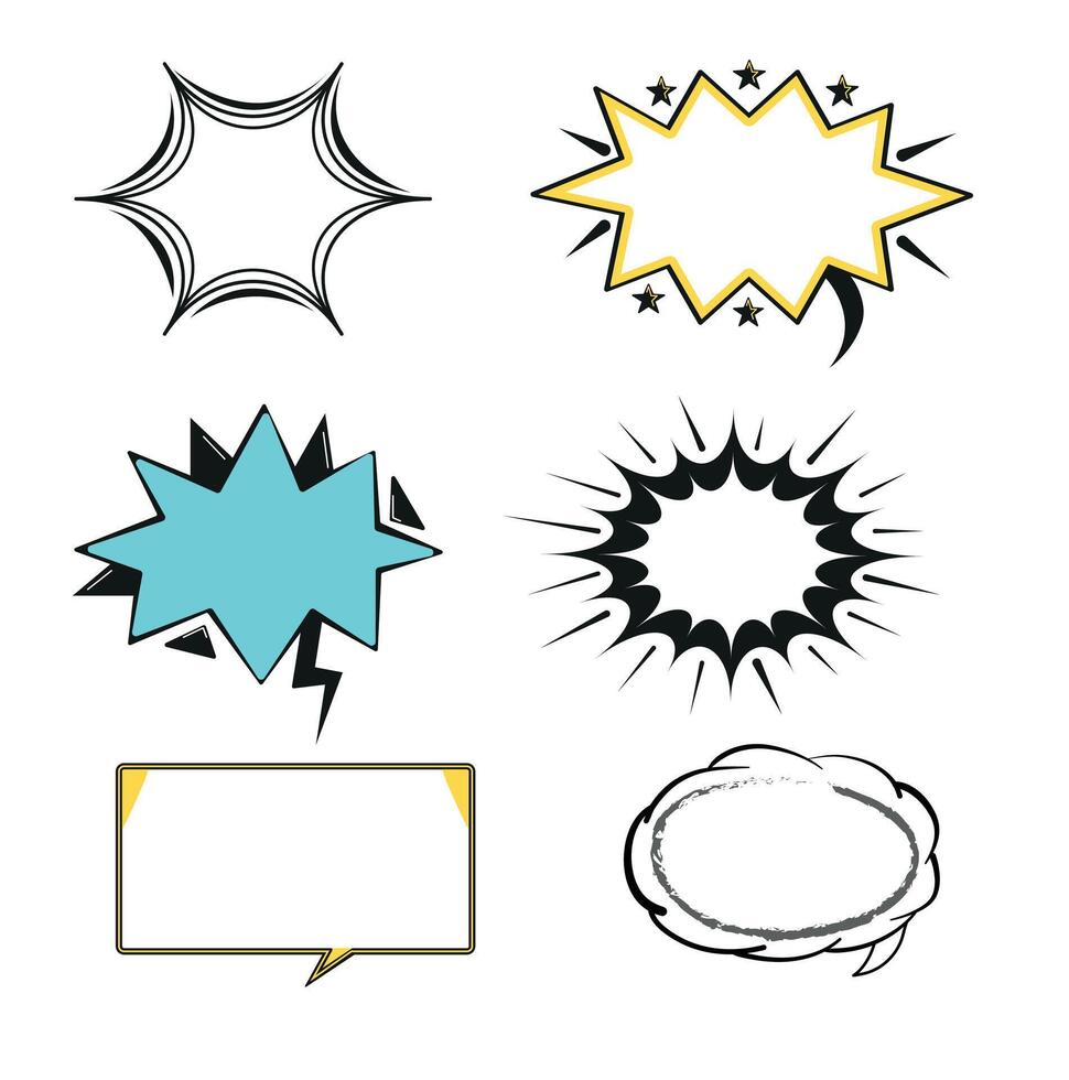 Hand drawn cartoon speech bubble collection with retro explosion elements and blank comic frames vector
