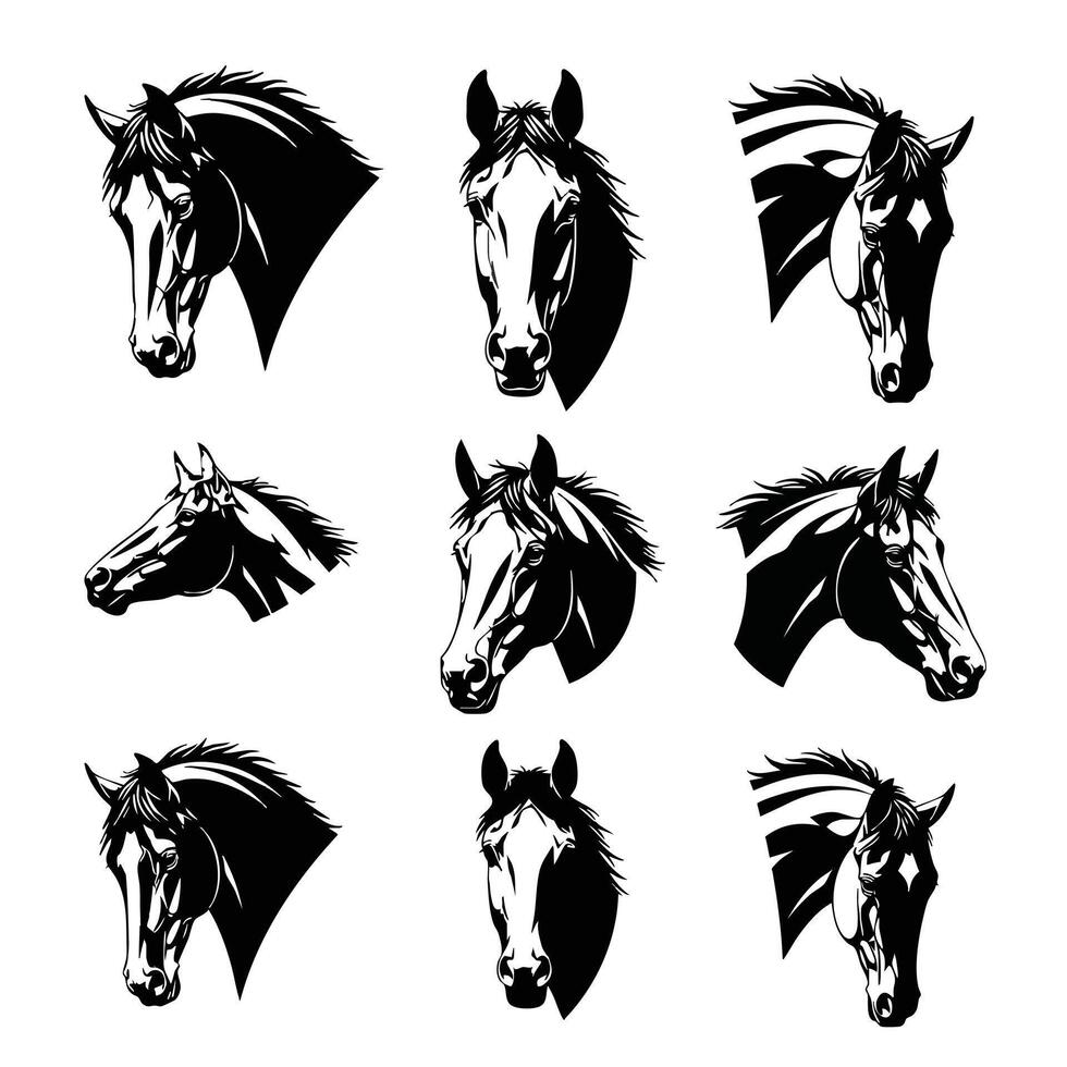 Set of Nine Horse Head Silhouette Illustrations for Logos, Prints, and Design Projects vector