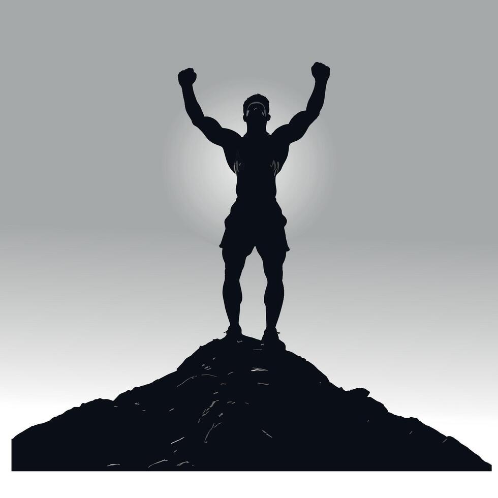 Black and White Silhouette of Triumphant Male Hiker Standing on Cliff with Arms Up Symbol vector