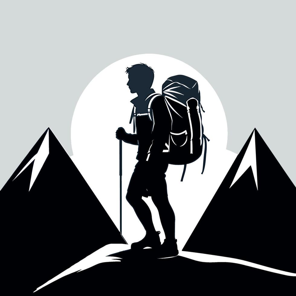 Black and White Hiking Explorer Silhouette on Mountain Top with Backpack vector