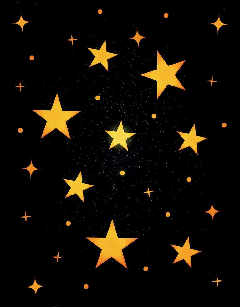 Glowing Golden Stars on Black Night Sky Background vector