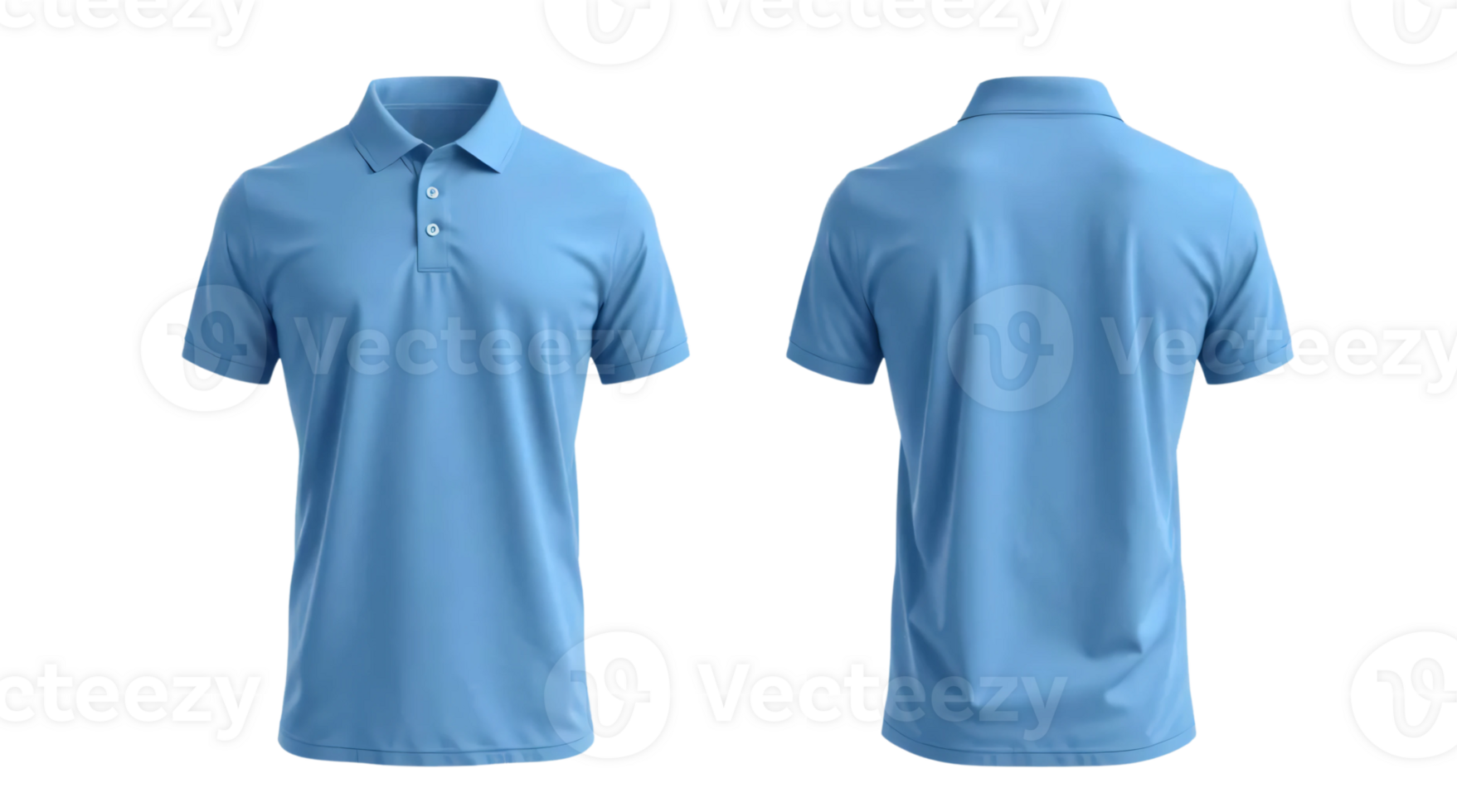 Blue short sleeve Polo t-shirt in front and back view, mockup isolated on the transparent background png
