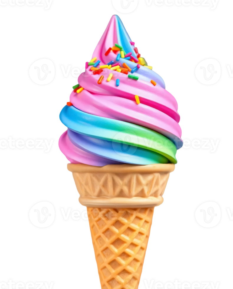 Rainbow ice cream scoop on waffle cone isolated on the transparent background. png