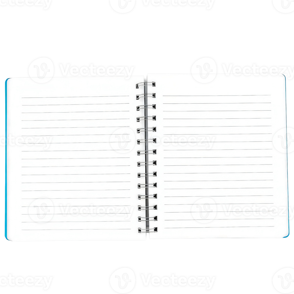 Open spiralbound notebook with blank lined pages isolated on the transparent background. png