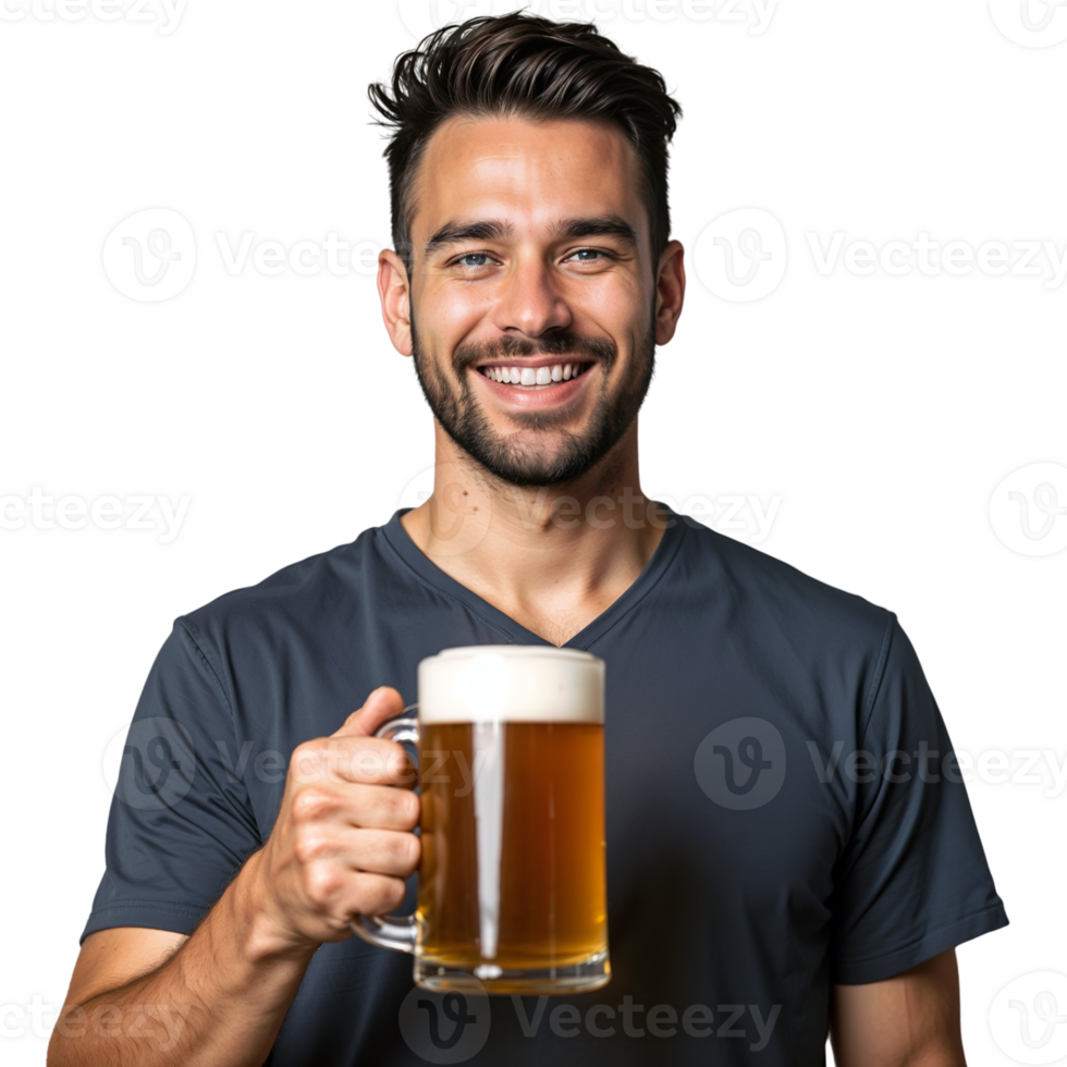 Portrait of a happy man holding a beer mug isolated on the transparent background png
