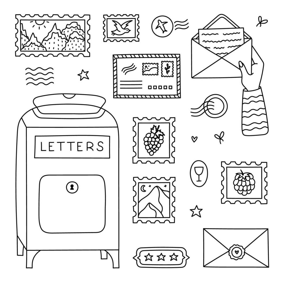 Lovely black and white postage office set with postbox, girl open envelope, airmail envelope, postage mark, rubber stamps. Trendy hand drawn postal outline doodle isolated on white background. vector