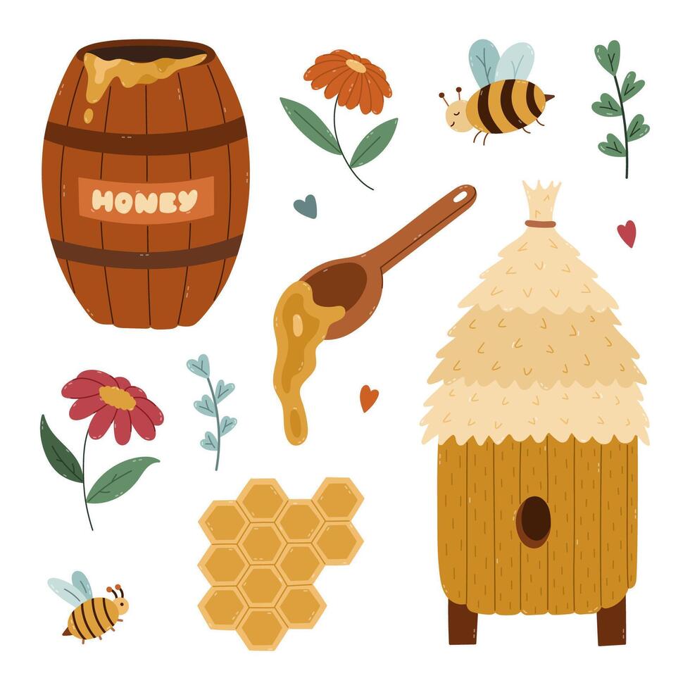 Honey barrel, beehive, and flowers illustrations vector