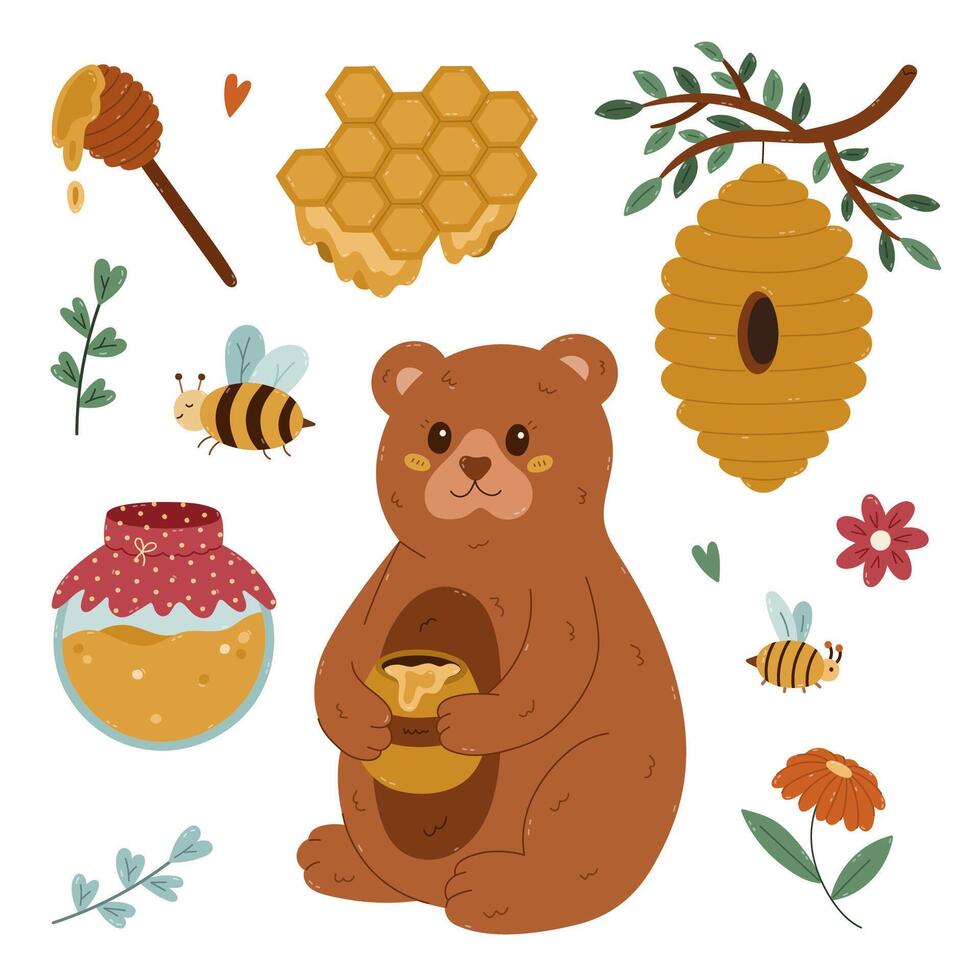 Bear holding honey with bees and flowers vector