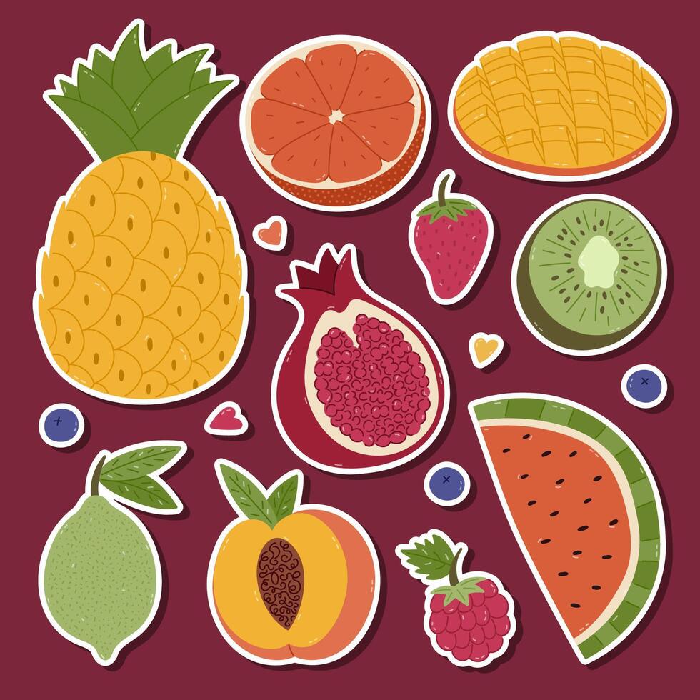 Vibrant collection of colorful fruit stickers vector