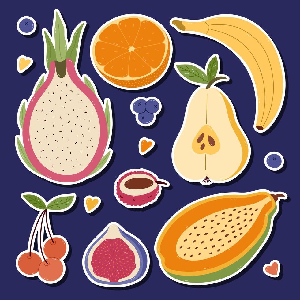 Collection of colorful tropical fruits stickers vector