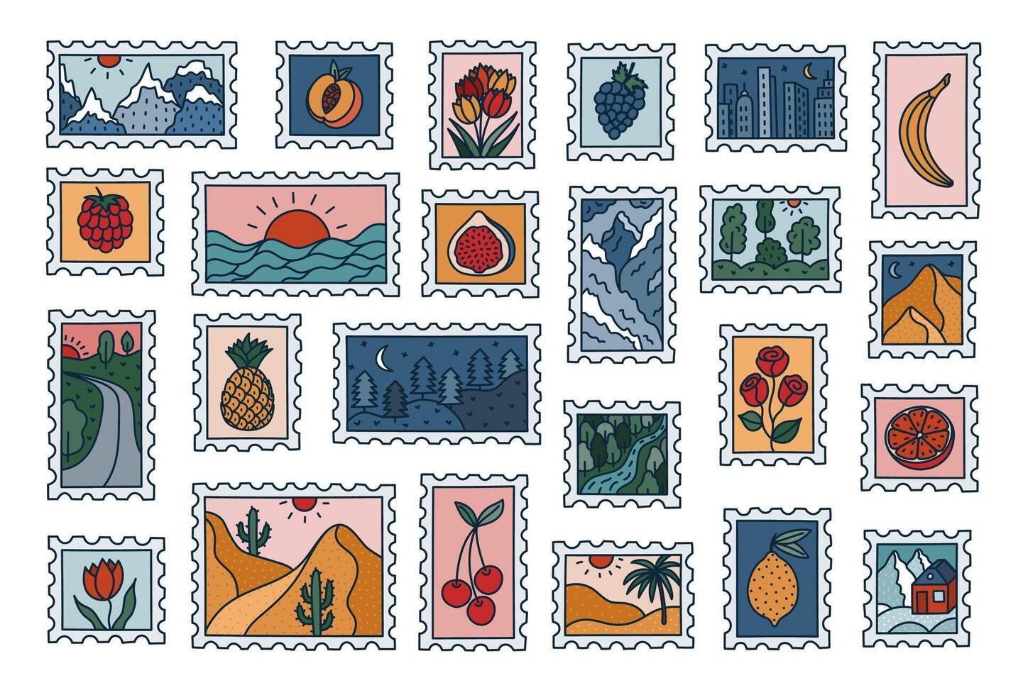 colorful nature and fruit stamps vector