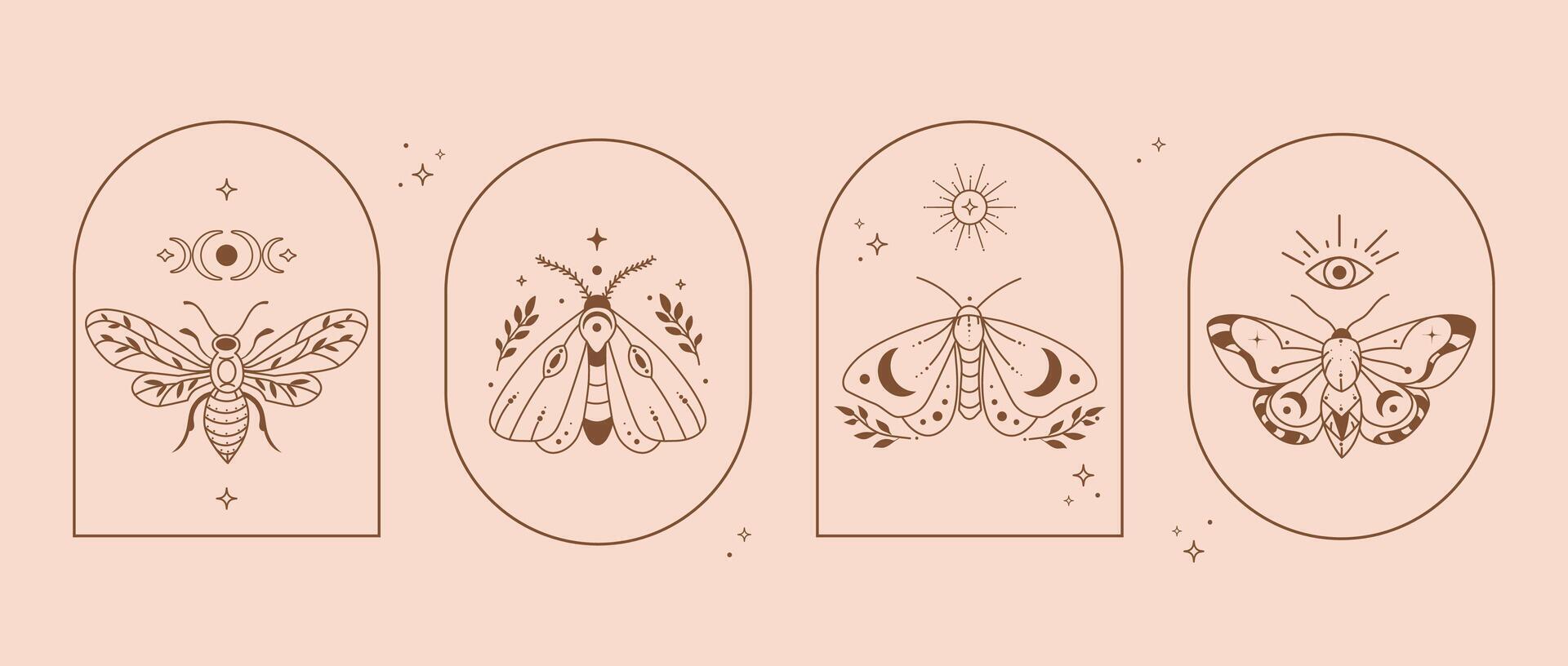 Vintage Style Moth and Butterfly Mystic Art. Boho Insect Moths Butterflies Set with Esoteric Symbols Sun Moon and Stars Logo Emblem Print Design, tattoos, wall art Minimal Line Art Style . vector