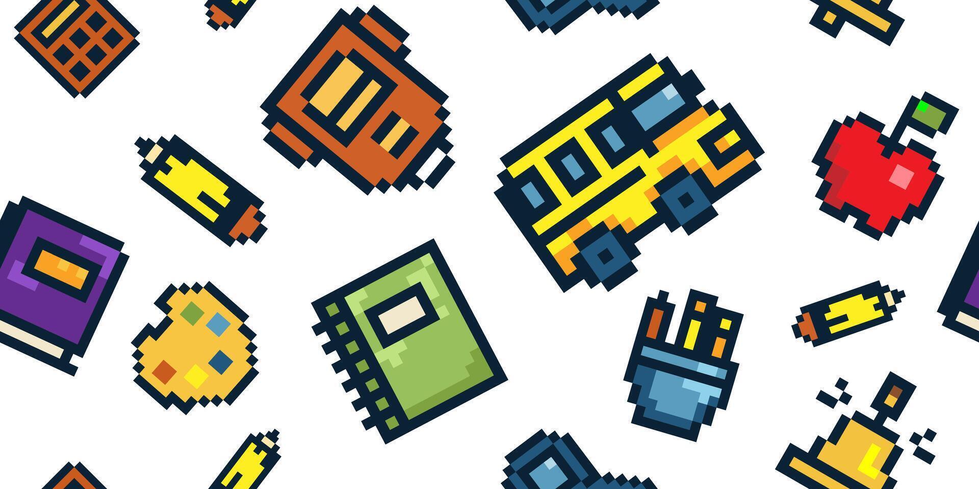 Colorful pixel art school icons and supplies vector