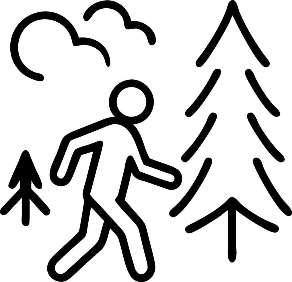 Stick figure walking through stylized forest with clouds vector