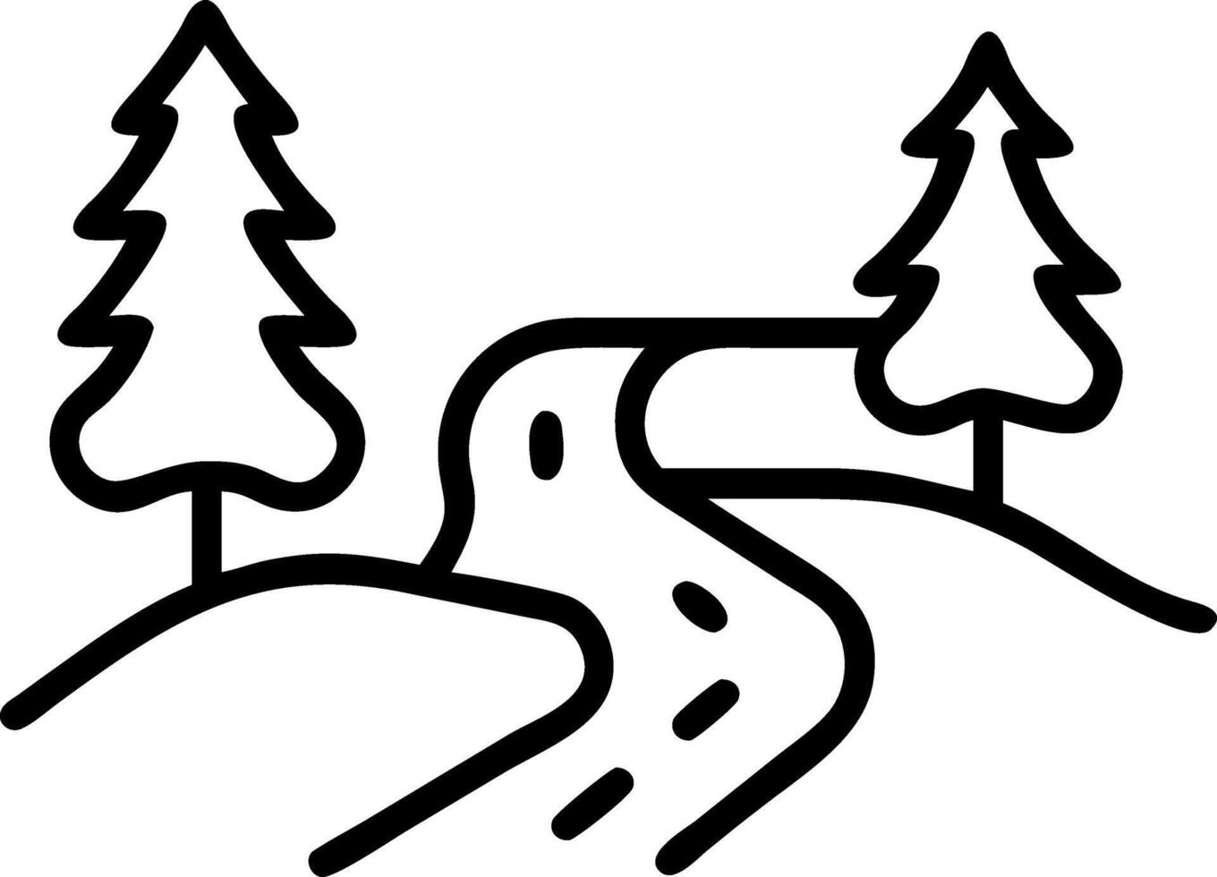 Stylized forest path with two trees and a winding river vector