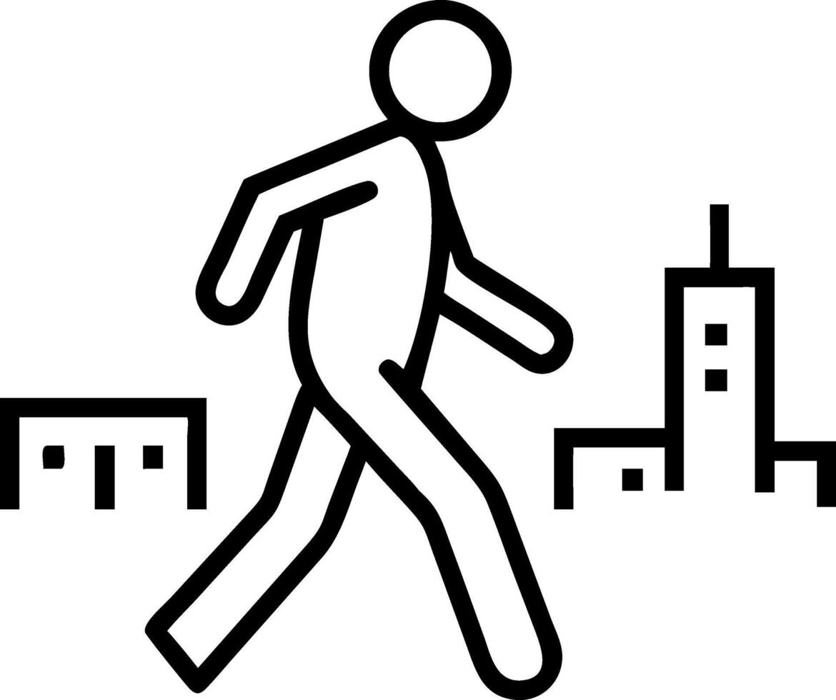 Black line art person walking past city buildings silhouette vector