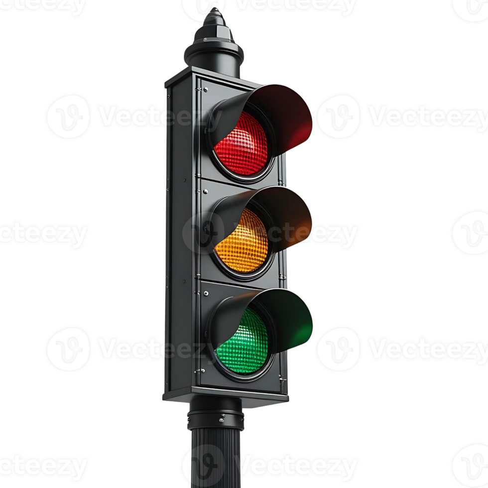 Traffic light with black metal frame and black pole isolated on transparent background png