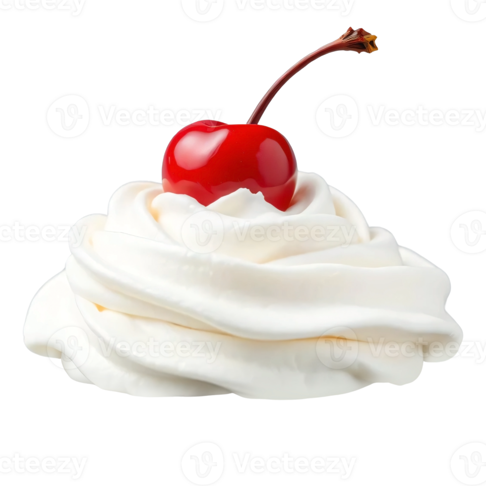 A white whipped cream with a cherry on top png