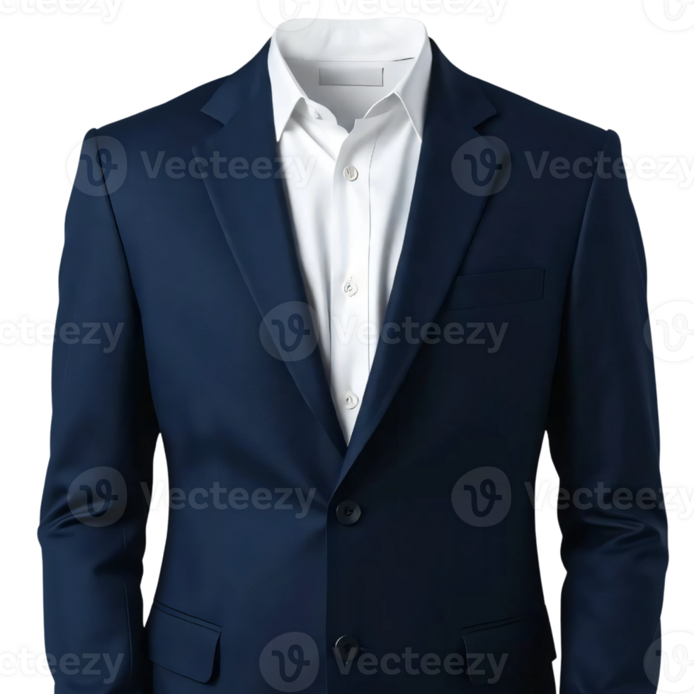 A suit is shown in a dark blue color png