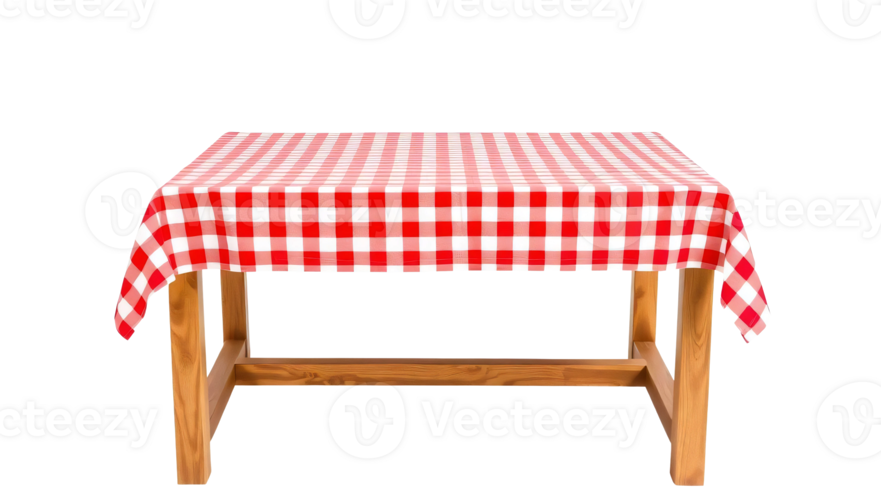 Empty wooden table with red gingham tablecloth isolated on transparent background png