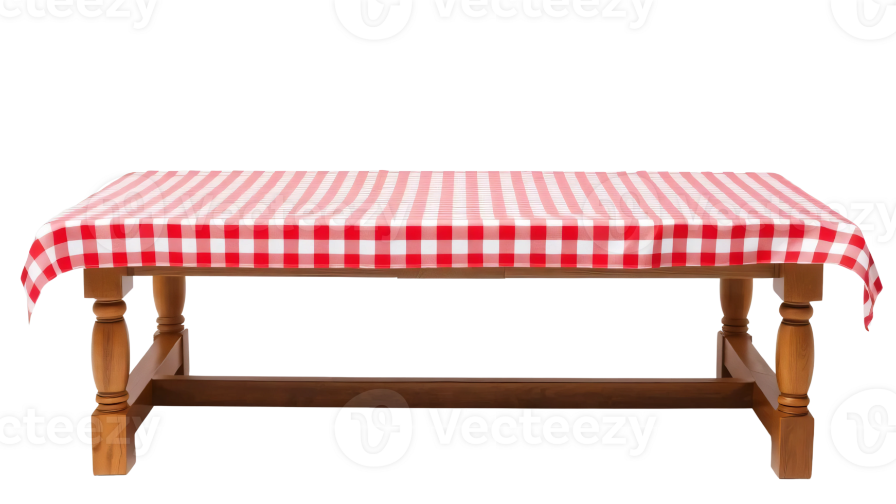 Empty wooden table with red gingham tablecloth isolated on the transparent background png
