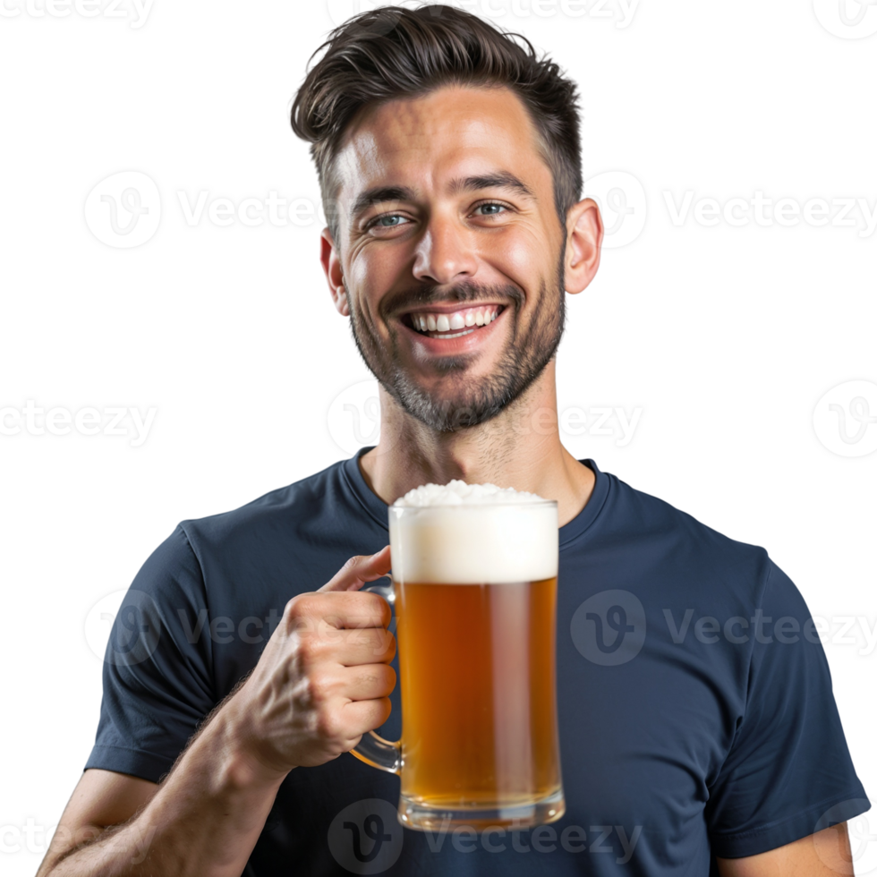 Portrait of a happy man holding a beer mug isolated on transparent background. png