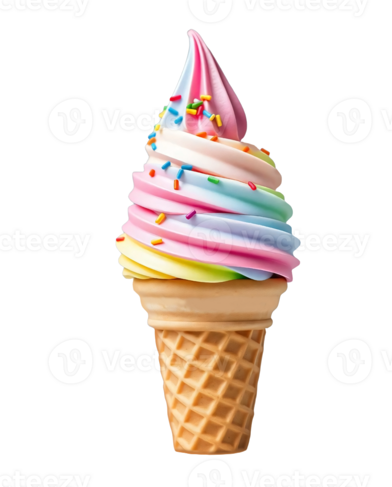 Rainbow ice cream scoop on waffle cone isolated on transparent background. png