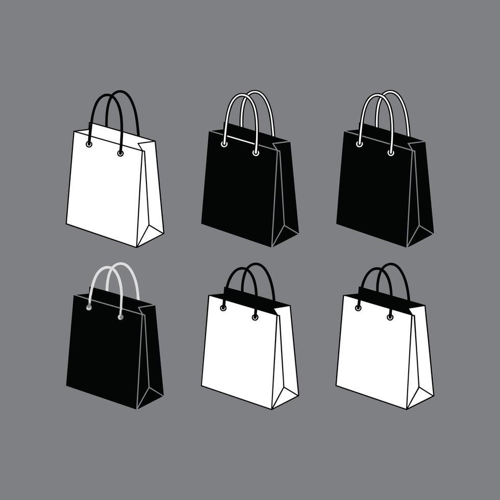 Set of black and white paper shopping bags. graphic icons for retail, commerce, gifts, and branding. Isolated mockup collection. vector