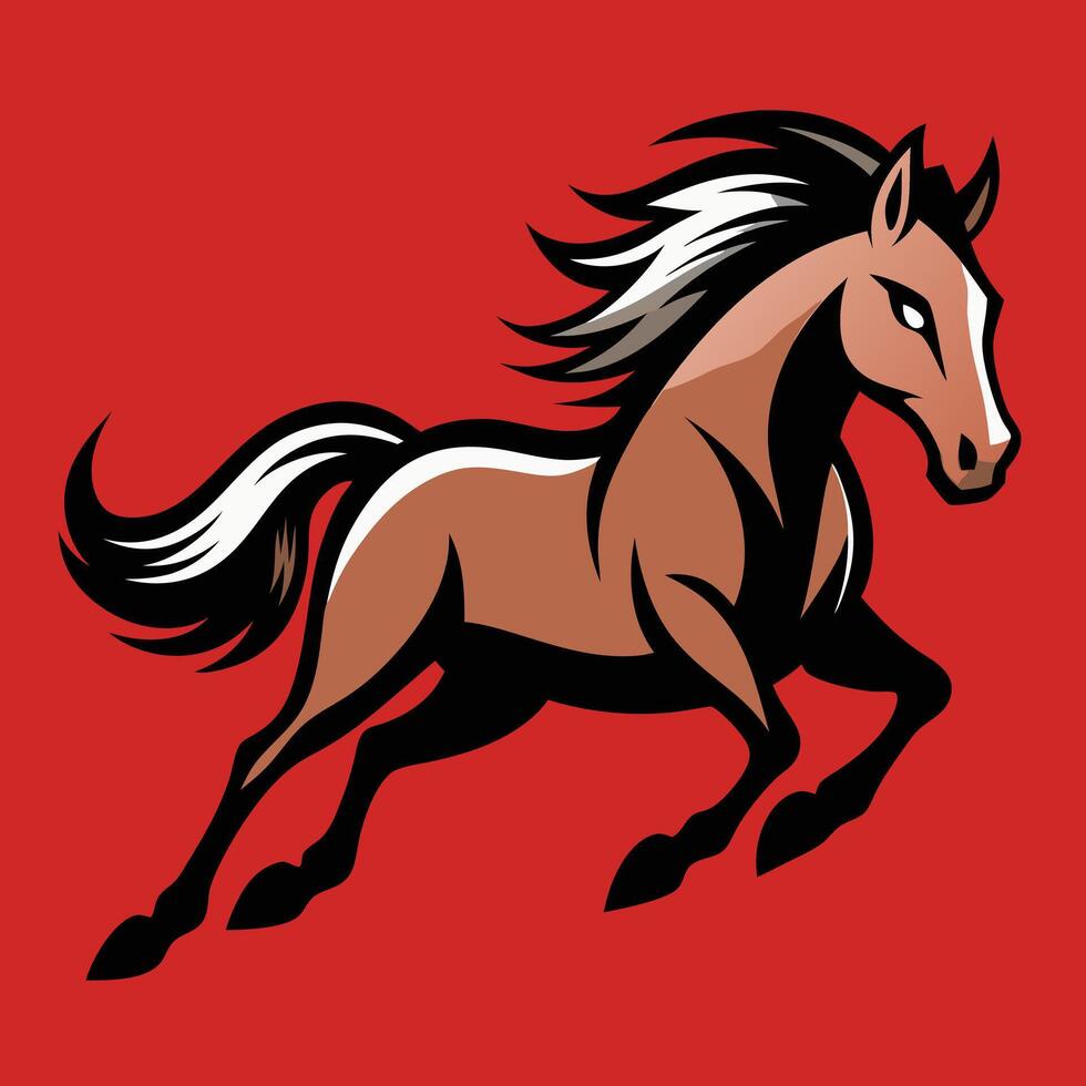 Dynamic cartoon horse running on red background, energetic animal mascot illustration perfect for sports logos, educational materials, and creative designs vector