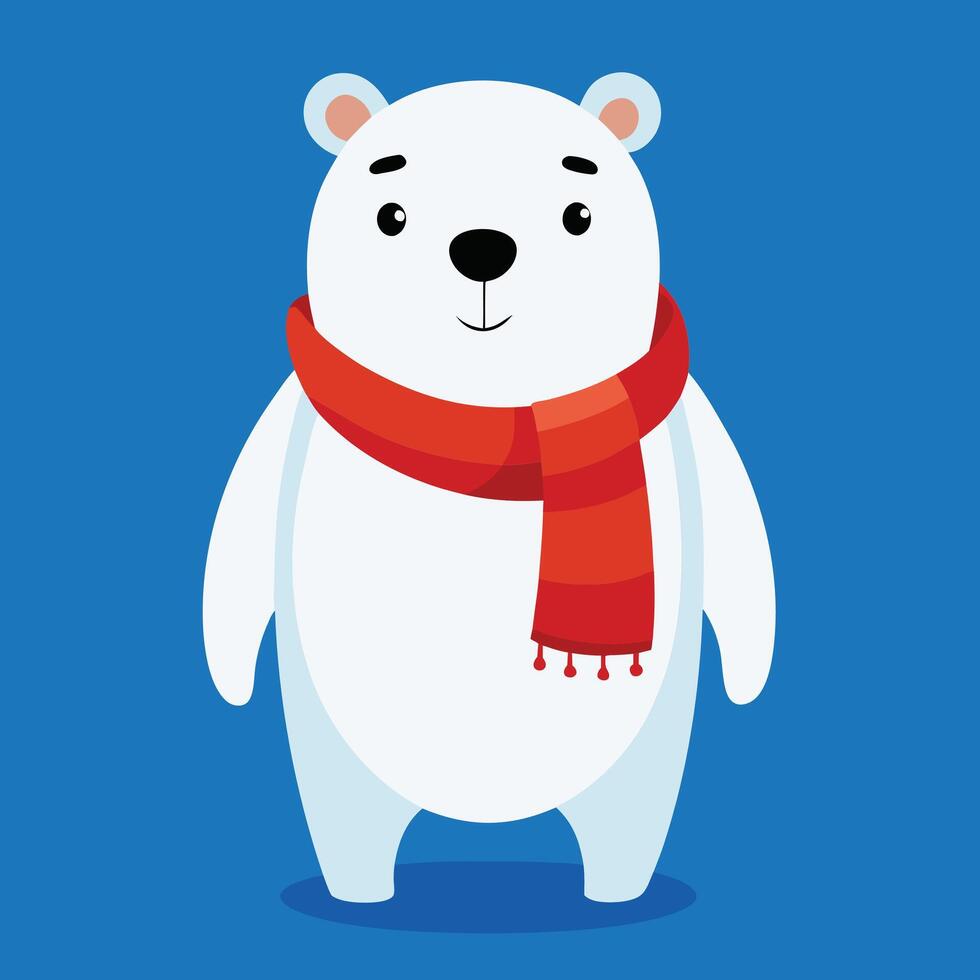 Cute cartoon polar bear wearing red scarf on blue background, adorable winter animal illustration perfect for greeting cards, and creative designs vector