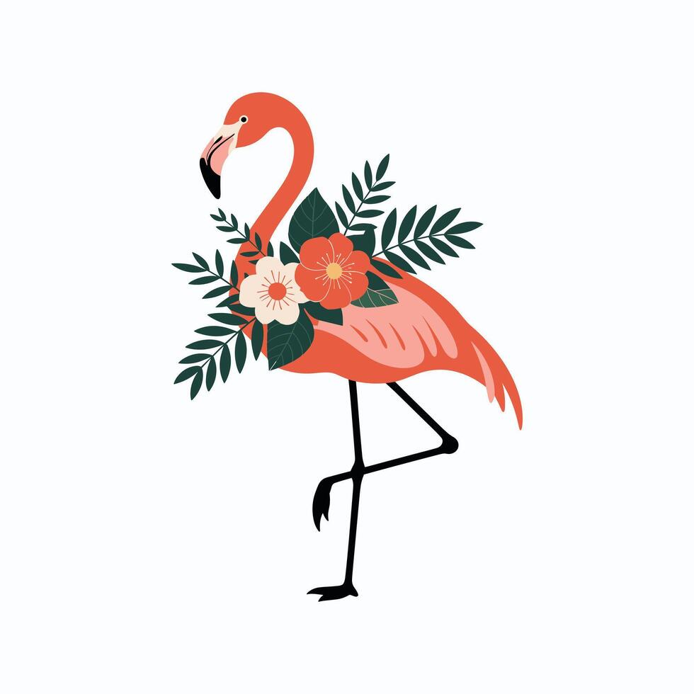 Elegant Flamingo with Tropical Flowers and Leaves, Modern Illustration, Exotic Bird Art for Summer Decor, Fashion, Invitations, and Creative Design Projects. vector