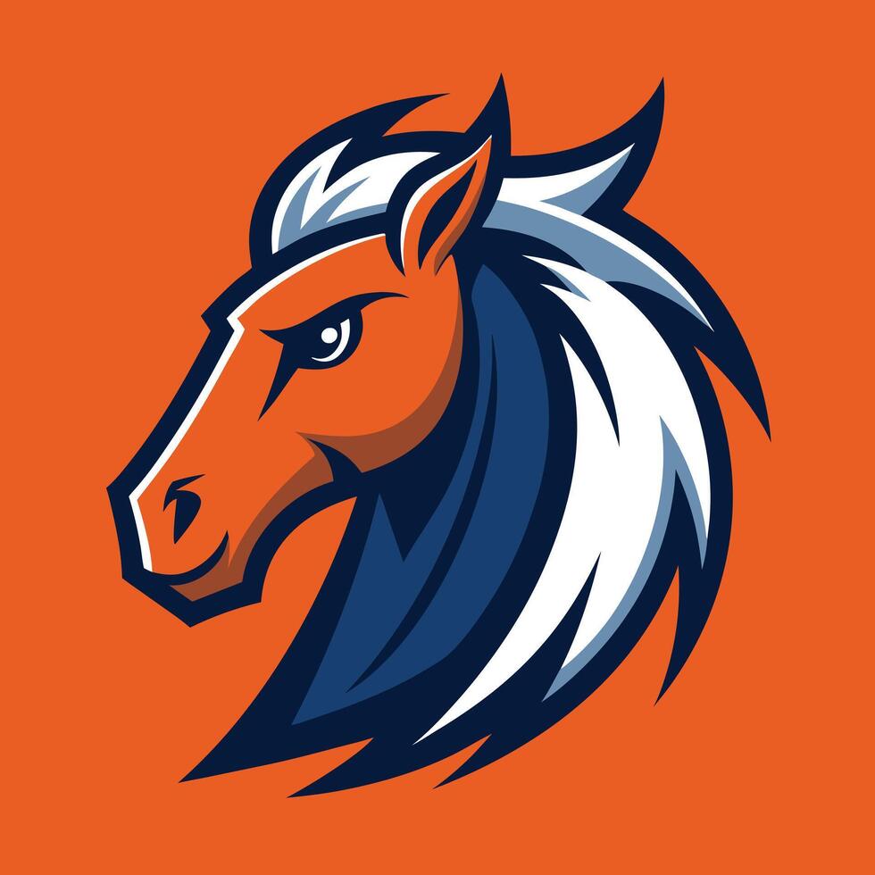Modern horse head mascot logo, powerful stallion illustration, bold equine animal graphic, sports team emblem, design on orange background for branding. vector