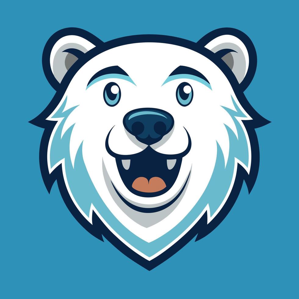 Happy cartoon polar bear head mascot on blue background, fun animal illustration perfect for sports logos, branding, and creative designs vector