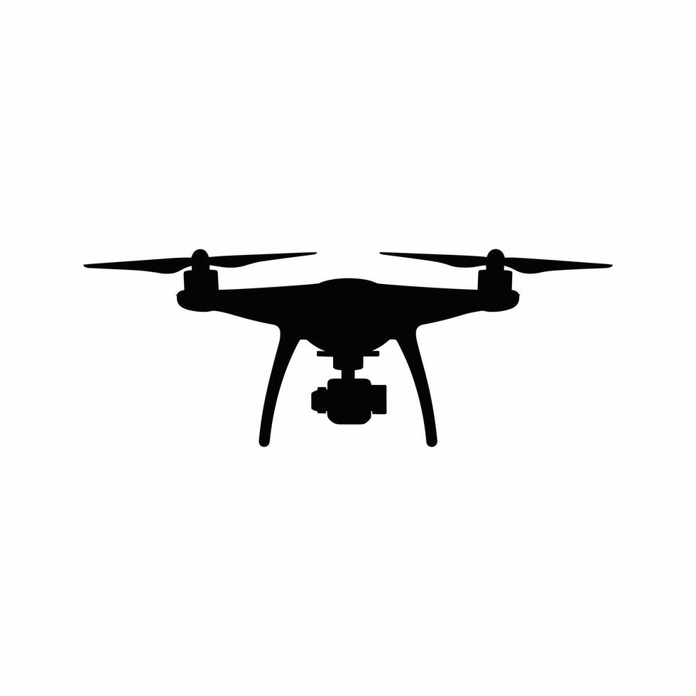 Drone with camera silhouette. Black quadcopter icon. A graphic symbol for aerial photography, videography, and modern technology. vector