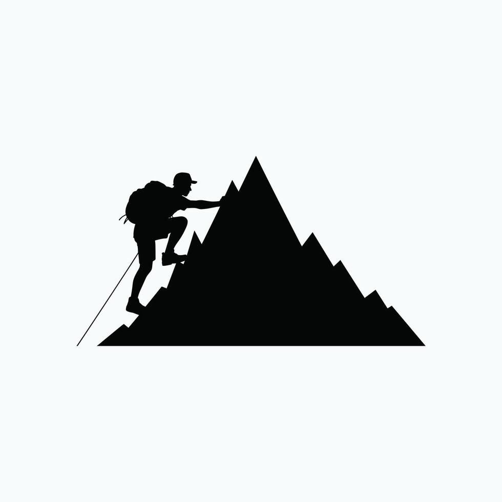 Silhouette of a climber ascending a mountain peak, symbolizing adventure, determination, success, and overcoming challenges, perfect for motivation and outdoor concepts.. vector
