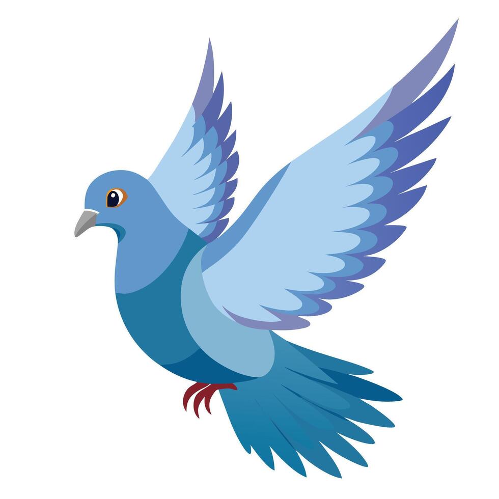 Beautiful blue dove flying, cartoon bird illustration, peaceful animal character, design for children, nature, freedom, love, wedding, and greeting cards. vector