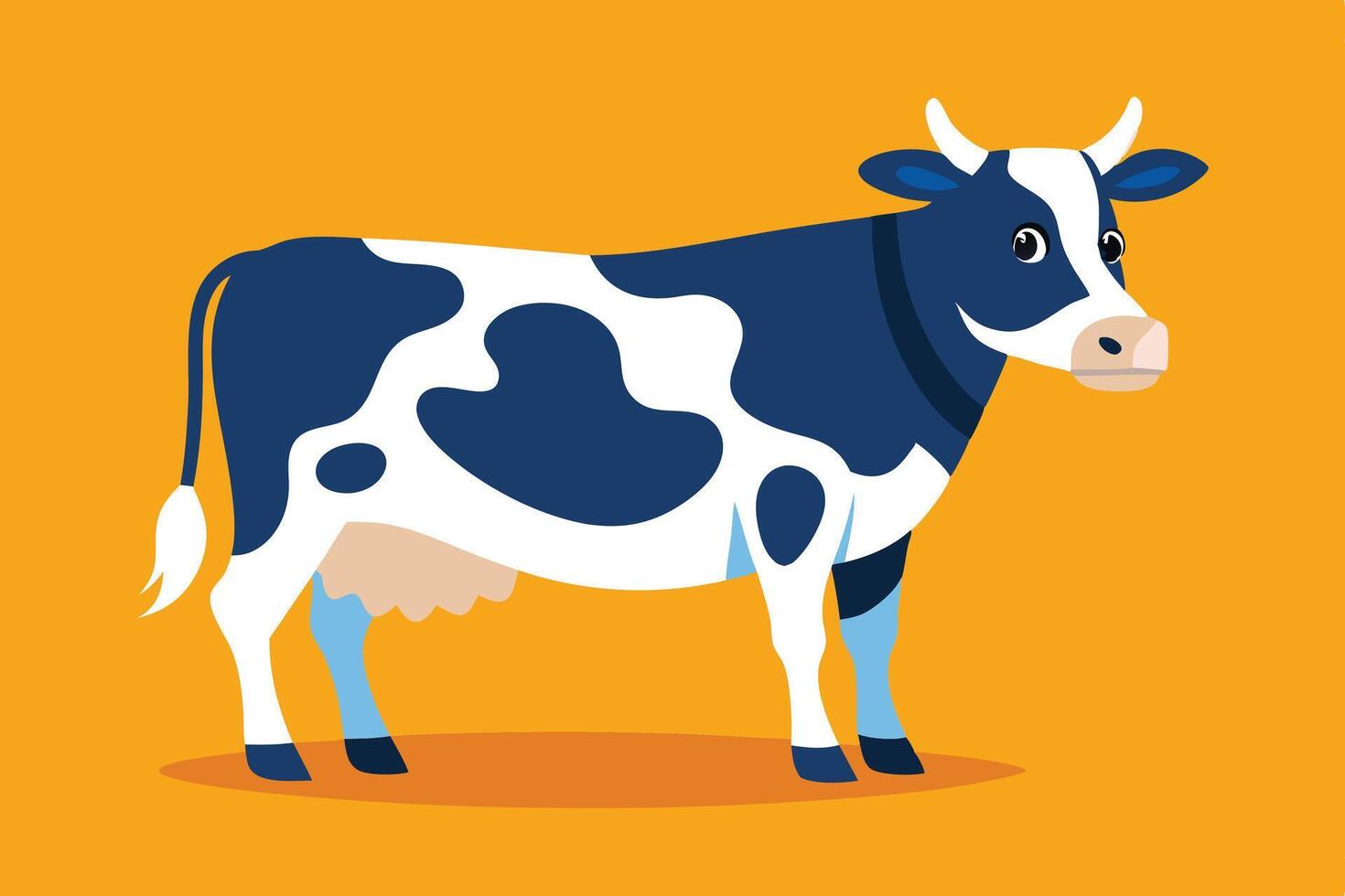 Cute cartoon cow standing, blue and white dairy cattle illustration, farm animal character, design for agriculture, milk, children, and rural themes. vector