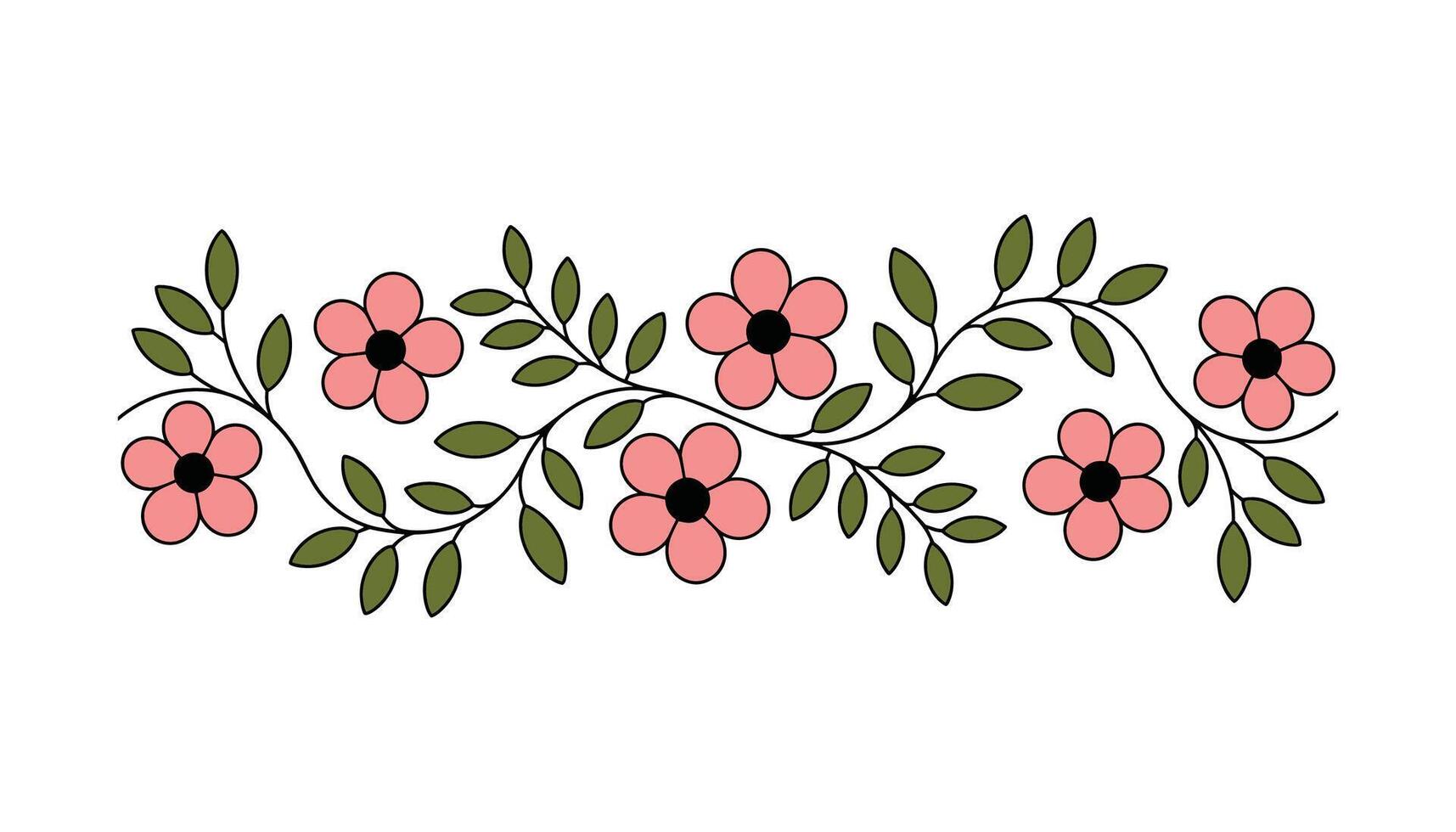 Simple decorative floral border with pink flowers and green leaves. A clean, flat illustration of a vine, isolated on white background. vector