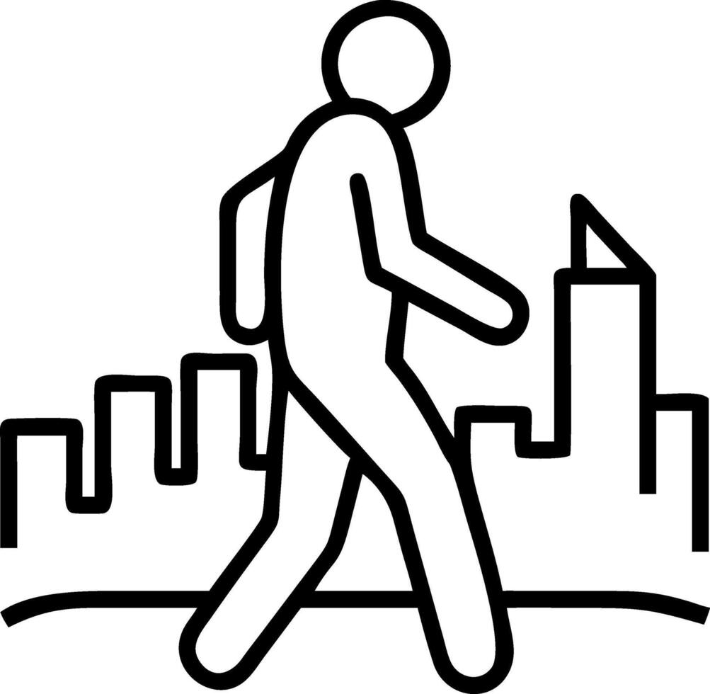 Black and white line art of a person walking past city buildings vector