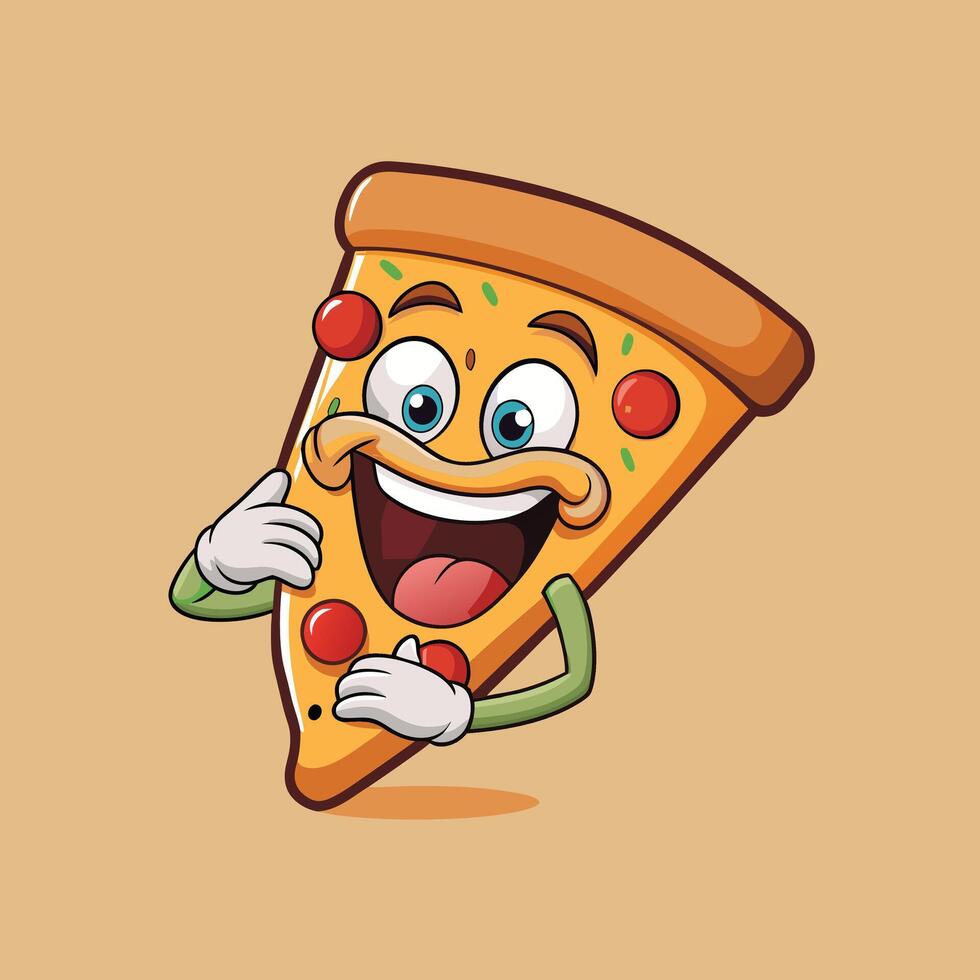 Funny cartoon pizza slice character with happy face and hands, holding pepperoni, isolated on beige background, perfect for food, restaurant, and kids designs. vector
