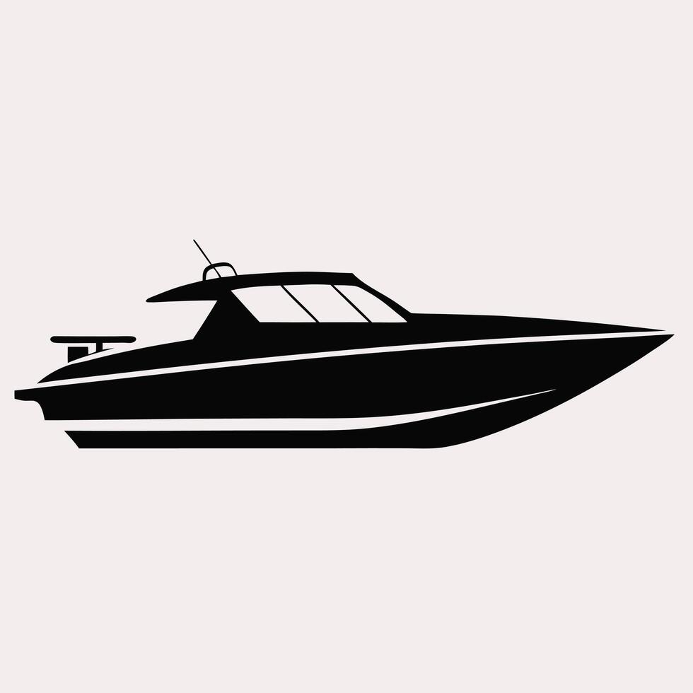 Modern luxury speedboat silhouette icon, isolated on white background, perfect for marine, travel, transportation, nautical, and adventure design projects and concepts. vector