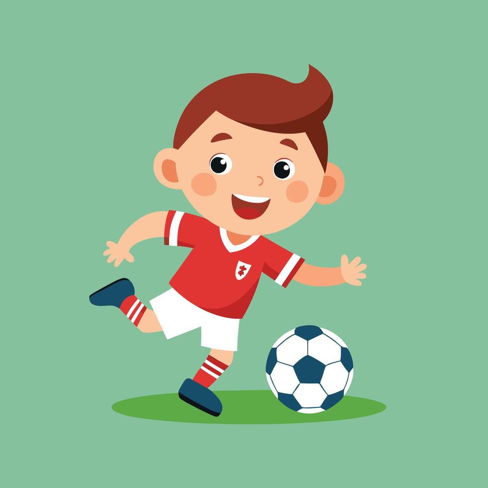 Happy Cartoon Boy Playing Soccer, Kicking Football, Cute Child Athlete Character in Red Uniform, Fun Sports Illustration for Kids and Youth Activities. vector