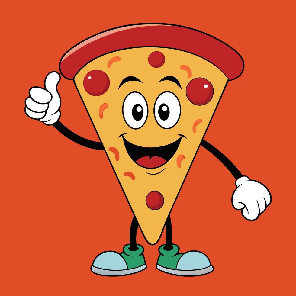 Cheerful Cartoon Pizza Slice Character Giving Thumbs Up, Happy Food Mascot Illustration on Orange Background, Fun Fast Food Concept for Kids vector