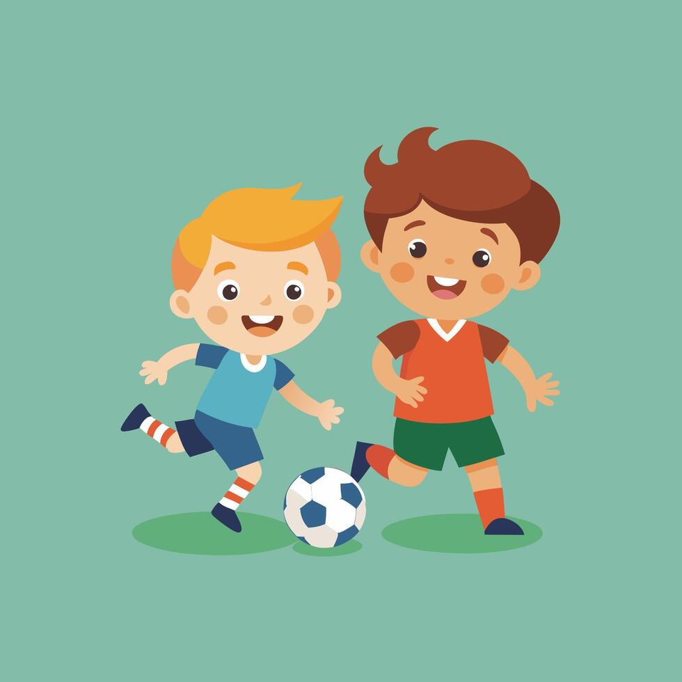 Cartoon Kids Playing Soccer Illustration, Happy Children Kicking Football on Green Background, Fun Sports Activity, Youth Team Game, Childhood Friendship Concept vector