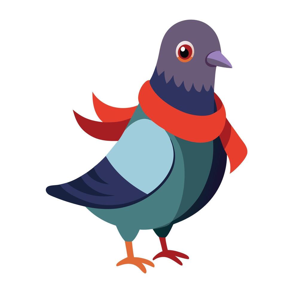 Cute cartoon pigeon wearing a red scarf, colorful illustration perfect for winter themes, educational materials, branding, and creative projects. vector