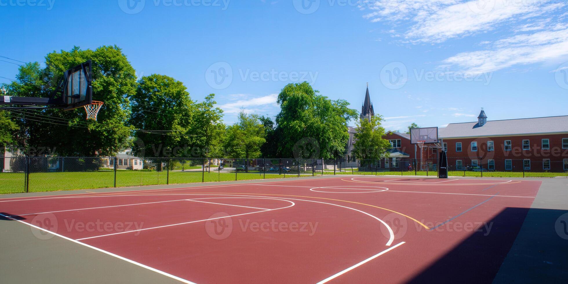 Basketball court on a sunny day, ready for a game in a peaceful neighborhood. photo