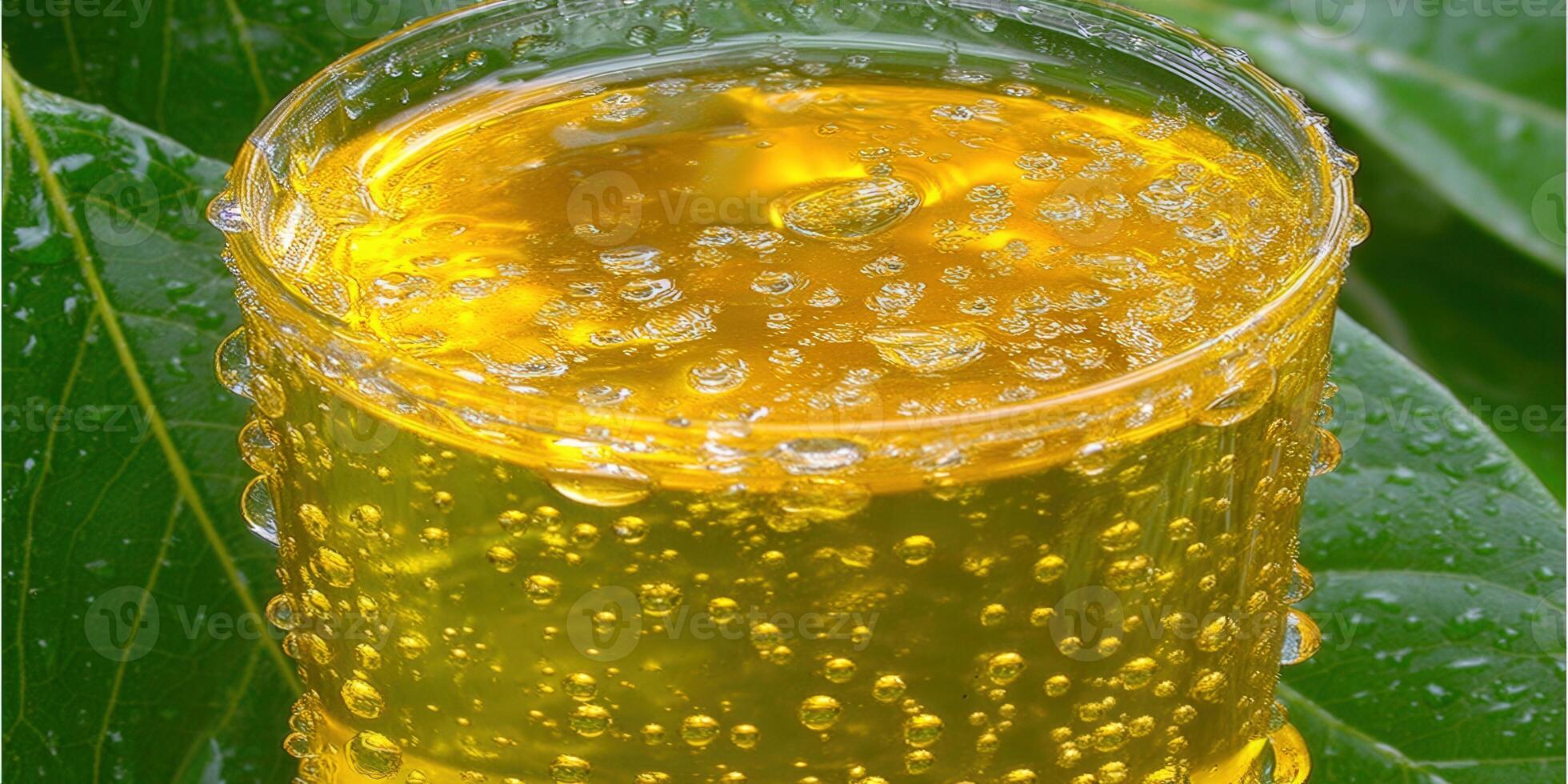 A close-up of a glass filled with a refreshing, bubbly yellow liquid. photo