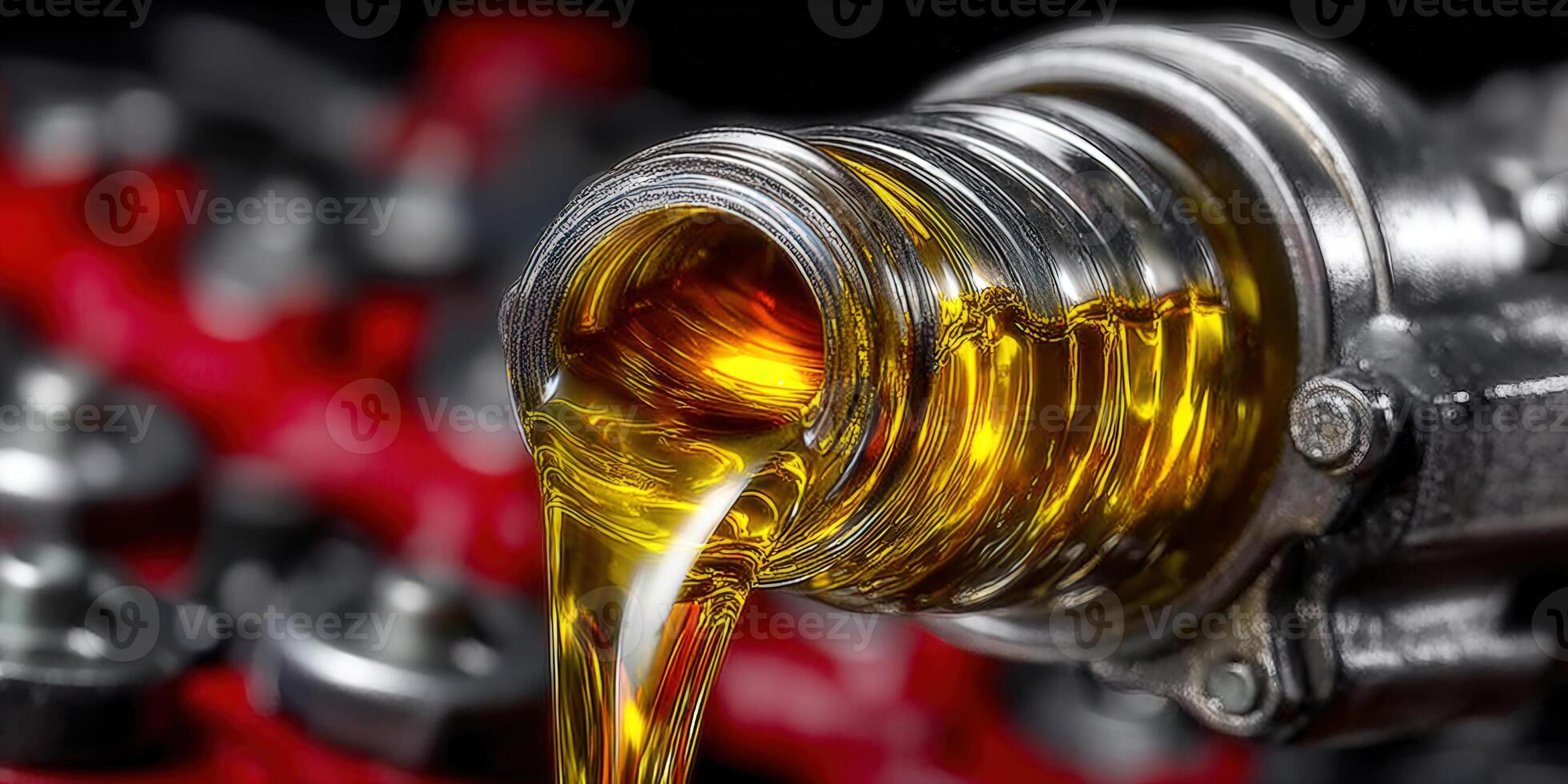 Oil pours from a container, highlighting its golden color and smooth texture in detail. photo