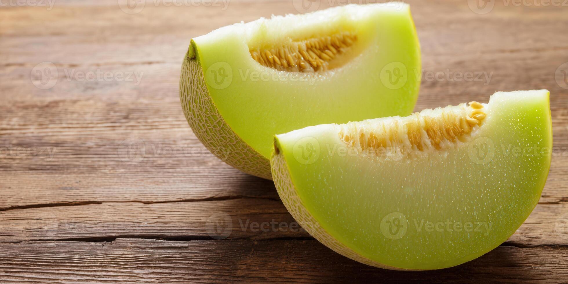Close-up of two refreshing honeydew melon slices on a wooden surface. photo