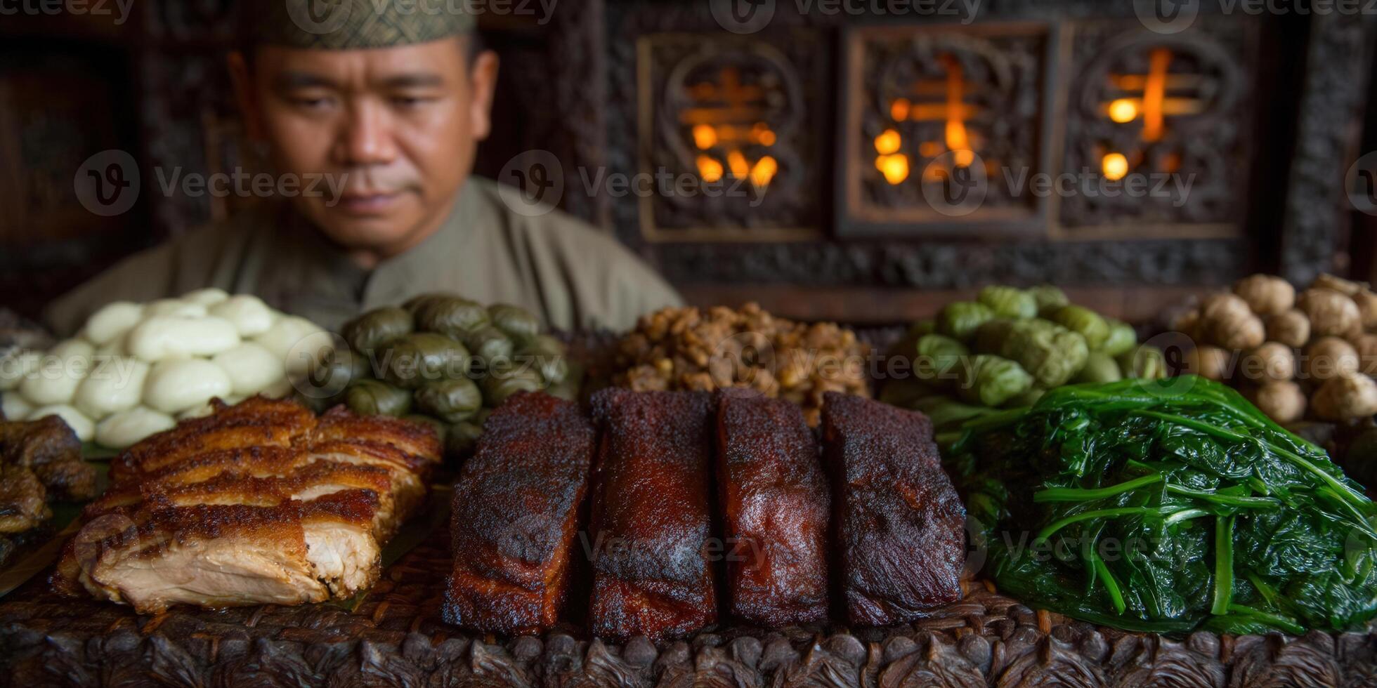 A culinary display of assorted Asian dishes, presented by a chef. photo